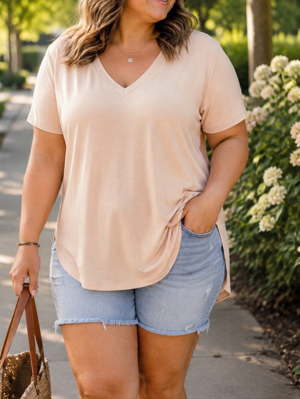 Love & Legend Plus Size Cream V-Neck Tunic Top | Short Sleeve Hi-Low Hem Casual